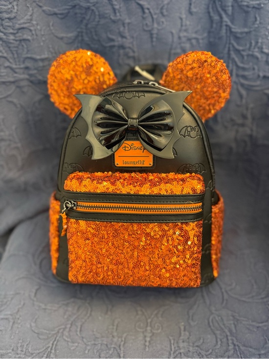 Disney Other - LOUNGEFLY Disney Orange Sequin Minnie Ear Backpack with Black Bow